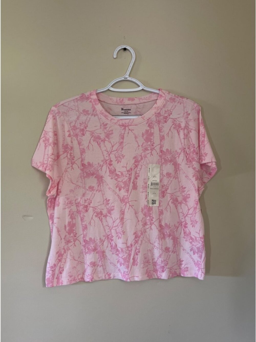 NWT No Boundaries Womens Large Cropped Cotton Short Sleeve T-Shirt Pink White